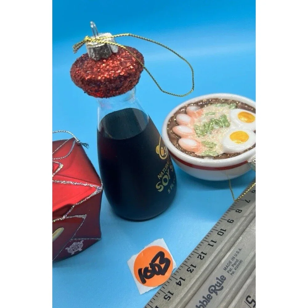 3 Japanese Christmas Ornaments Noodles, Soy Sauce, Take Out Food Glass